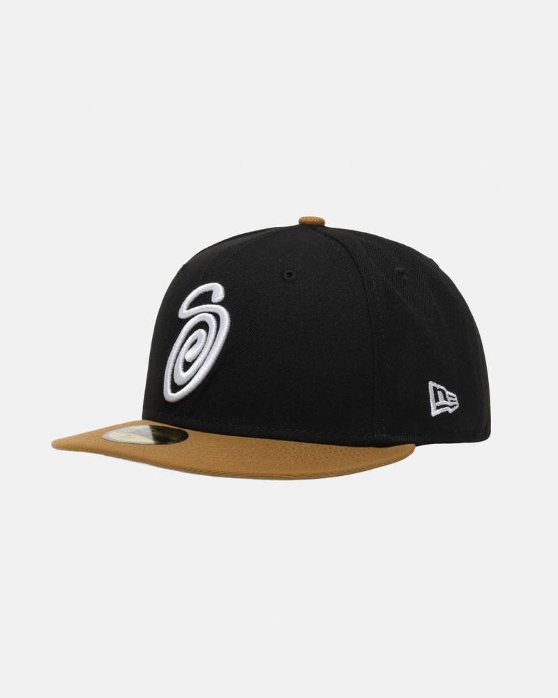 Stussy New Era 59Fifty Curly S - Unisex Zwart Goud | BNLSD95698