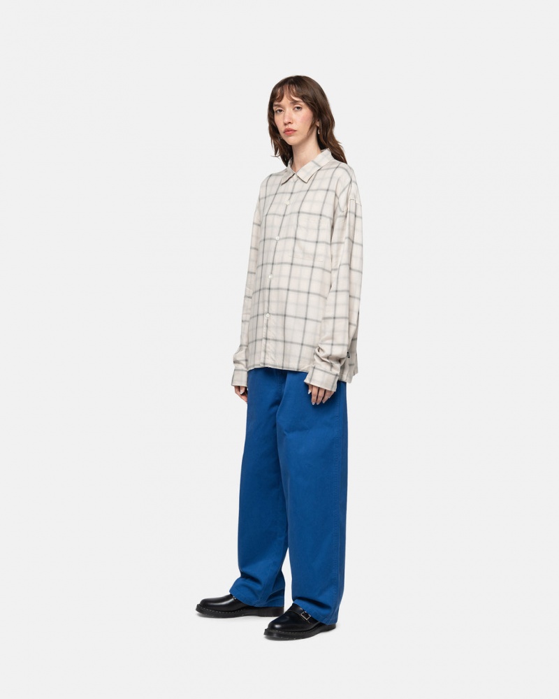 Stussy Shadow Plaid Rayon Shirt - Unisex Tops Beige | PNLER28961