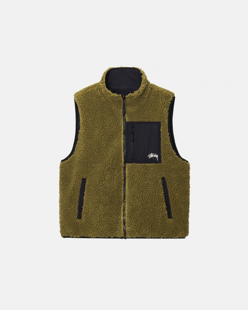 Stussy Sherpa Reversible Vest - Unisex Jackets Olijfgroen | DNLKV59169